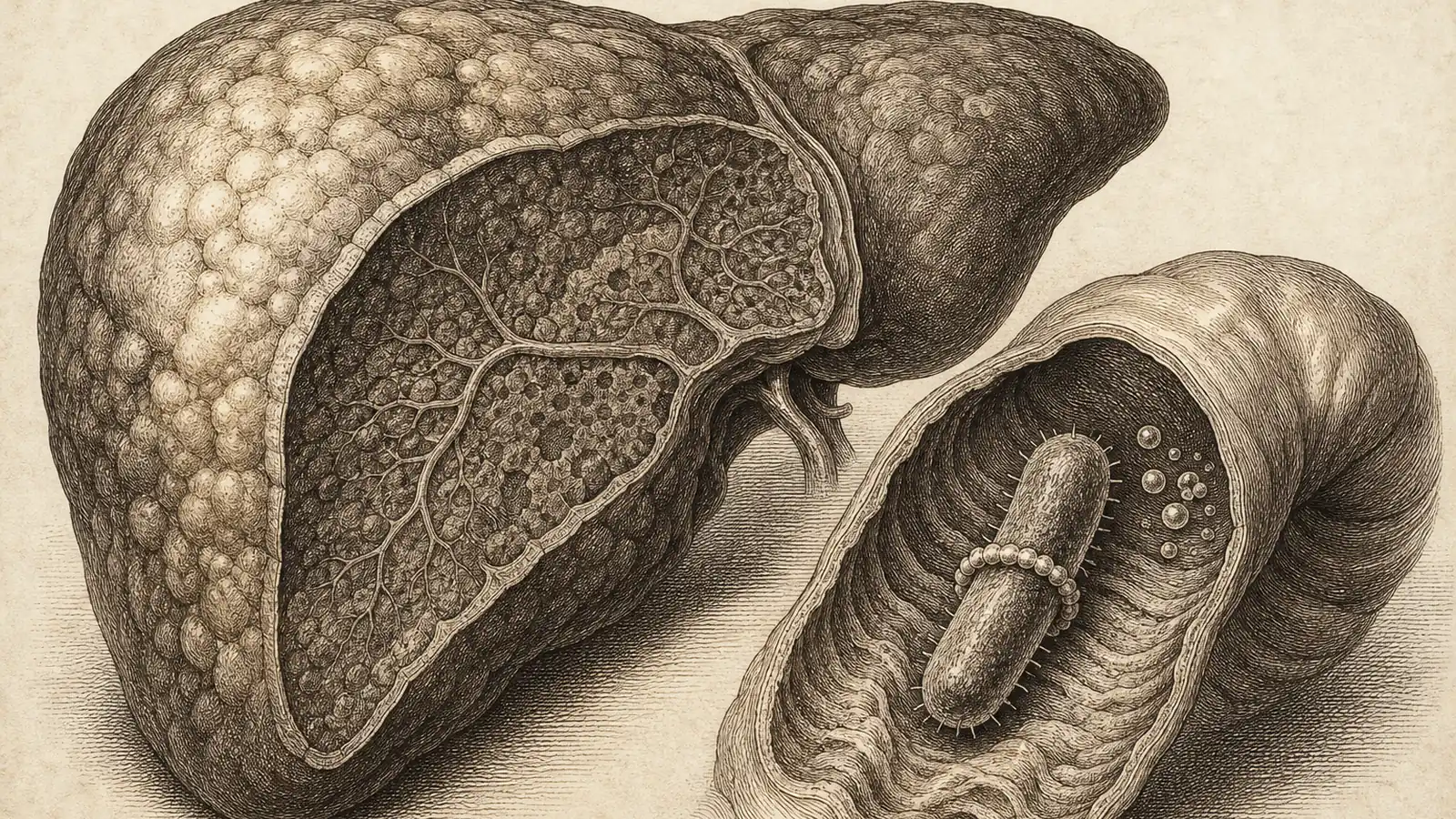 Illustration of a gut microbe releasing ammonia toward a liver, referencing the DT109 peptide trial in monkeys